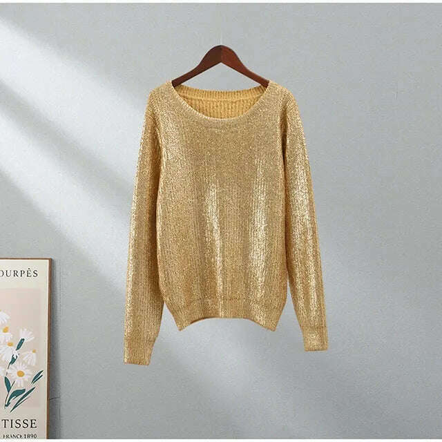 KIMLUD, Autumn Winter Women Fashion Gold Color Sweaters Causal Long Sleeve Bright Silk Knit Pullover Elegant Office Ladies Loose Jumpers, Golden / S, KIMLUD Womens Clothes