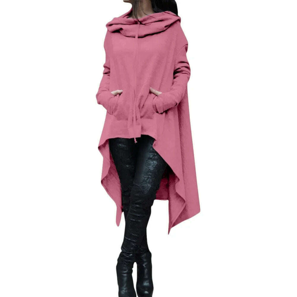 Autumn Winter Women Irregular Draw Cord Coat Long Sleeve Loose Casual Poncho Hooded Pullover Long Hoodies Sweatshirts - KIMLUD