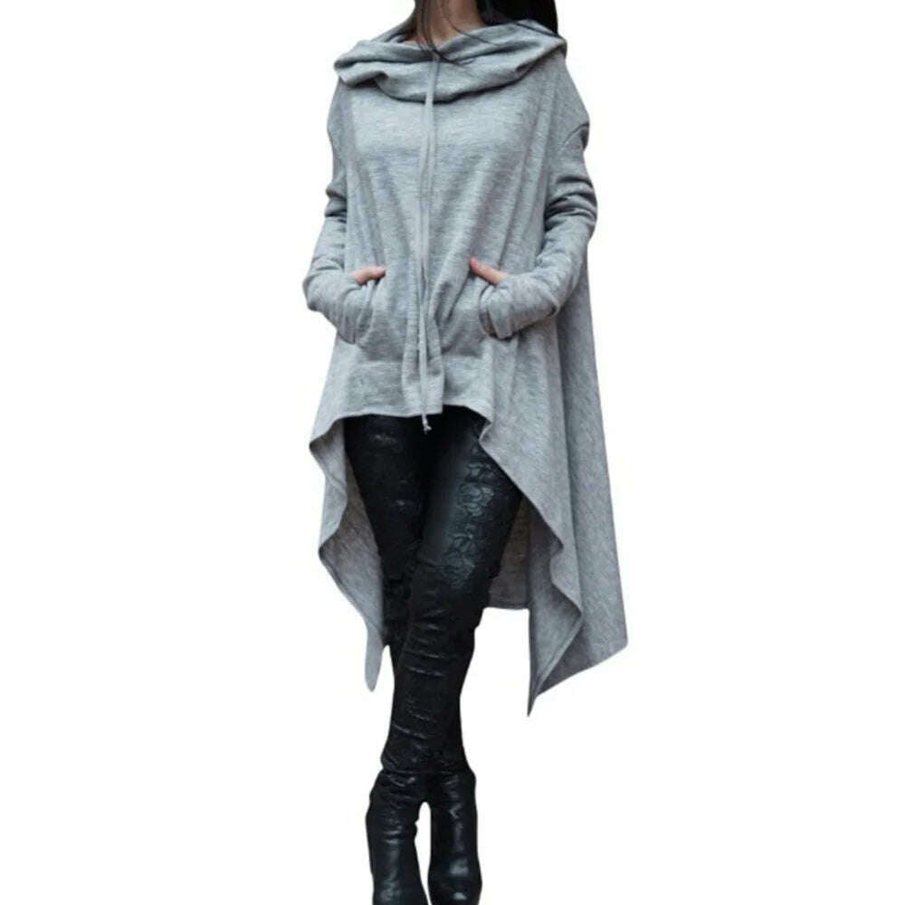 KIMLUD, Autumn Winter Women Irregular Draw Cord Coat Long Sleeve Loose Casual Poncho Hooded Pullover Long Hoodies Sweatshirts, KIMLUD Womens Clothes