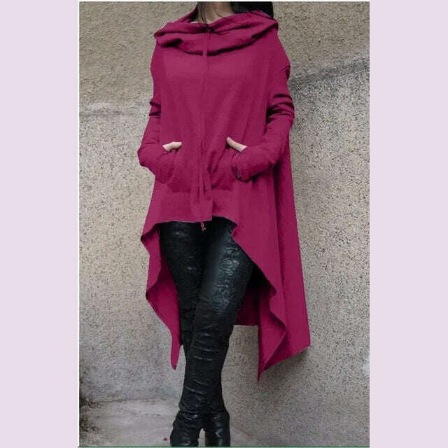 KIMLUD, Autumn Winter Women Irregular Draw Cord Coat Long Sleeve Loose Casual Poncho Hooded Pullover Long Hoodies Sweatshirts, PURPLE / L, KIMLUD APPAREL - Womens Clothes