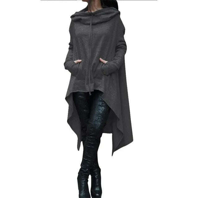 KIMLUD, Autumn Winter Women Irregular Draw Cord Coat Long Sleeve Loose Casual Poncho Hooded Pullover Long Hoodies Sweatshirts, Dark Grey / 4XL, KIMLUD APPAREL - Womens Clothes