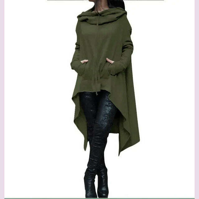 KIMLUD, Autumn Winter Women Irregular Draw Cord Coat Long Sleeve Loose Casual Poncho Hooded Pullover Long Hoodies Sweatshirts, army green / XL, KIMLUD APPAREL - Womens Clothes