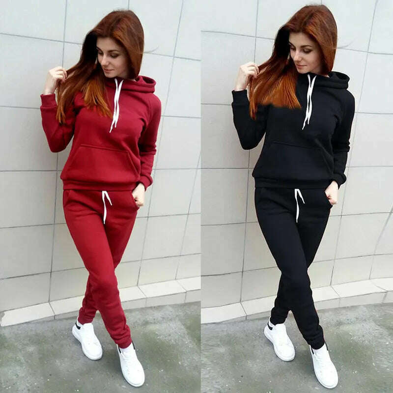 Autumn Women's Fleece Tracksuit 2 Pieces Set Pullover Hoodies+Pants Sport Suit Female Winter Warm Sweatshirt Suit for Woman - KIMLUD