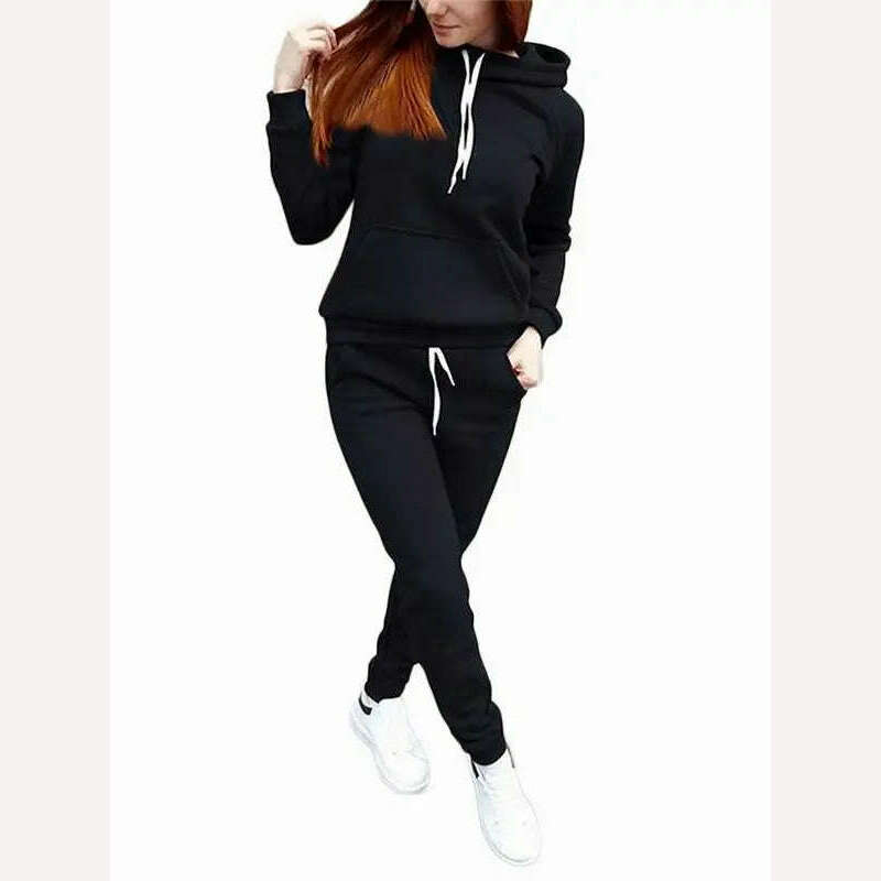 KIMLUD, Autumn Women's Fleece Tracksuit 2 Pieces Set Pullover Hoodies+Pants Sport Suit Female Winter Warm Sweatshirt Suit for Woman, Black / XL, KIMLUD Womens Clothes