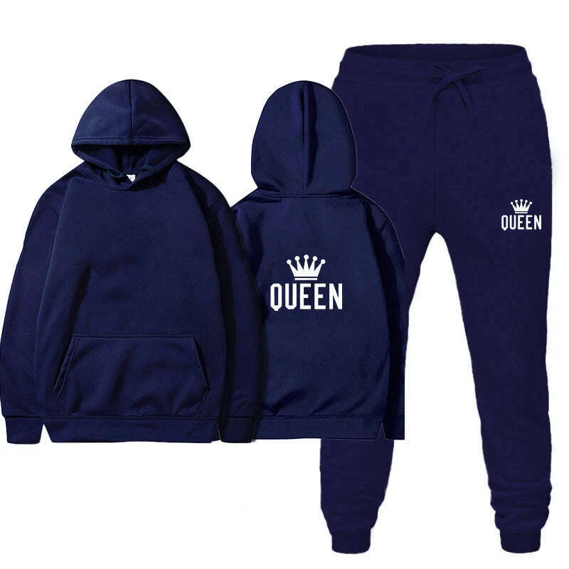 KIMLUD, Autumn Women's Pullovers Print Hooded Suits Hoodie Fashion Long Pants Two-piece Set Fashionable Female Tracksuit Sportswear 2024, Navy Blue / XXL, KIMLUD APPAREL - Womens Clothes