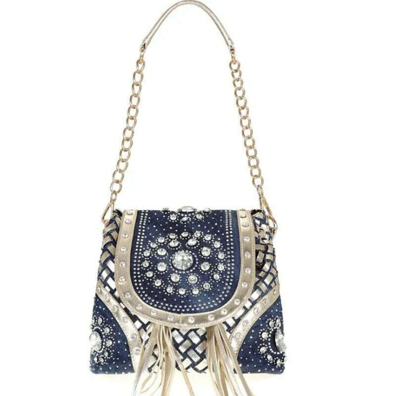 KIMLUD, Bag handbags new 2022 fashion denim bag canvas multi-function bag woven belt diamond bag single shoulder tassel bag, 1, KIMLUD Womens Clothes