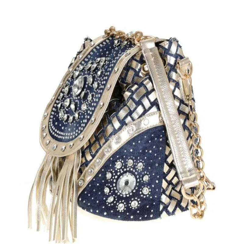 KIMLUD, Bag handbags new 2022 fashion denim bag canvas multi-function bag woven belt diamond bag single shoulder tassel bag, KIMLUD Womens Clothes