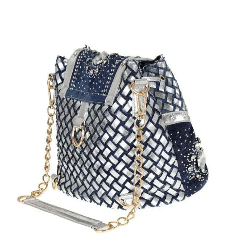 Bag handbags new 2022 fashion denim bag canvas multi-function bag woven belt diamond bag single shoulder tassel bag - KIMLUD