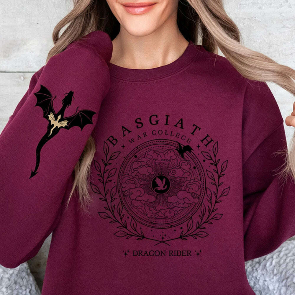 KIMLUD, Basgiath War College Double-side Sweatshirt Fourth Wing Graphic Tee Fly or Die Shirt Vintage Pullover Bookish Hoodie Sweatshirt, Wine red / M, KIMLUD APPAREL - Womens Clothes