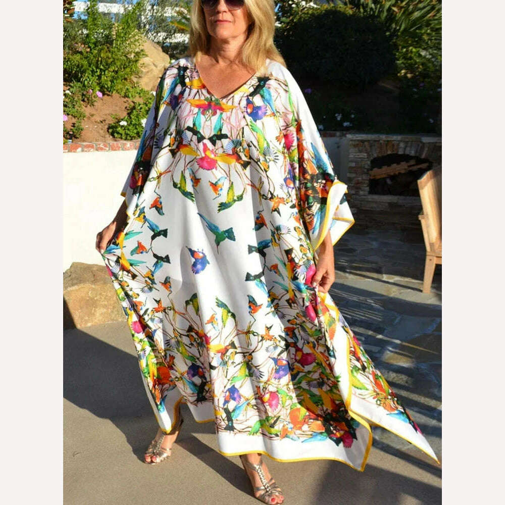 Beach Dresses Bird Bohemian Kaftans for Women 2023 New Loose Bikini Cover Ups Maxi Robe Elegant Bathing Suits - KIMLUD