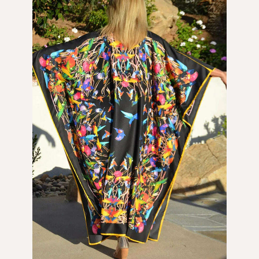 Beach Dresses Bird Bohemian Kaftans for Women 2023 New Loose Bikini Cover Ups Maxi Robe Elegant Bathing Suits - KIMLUD