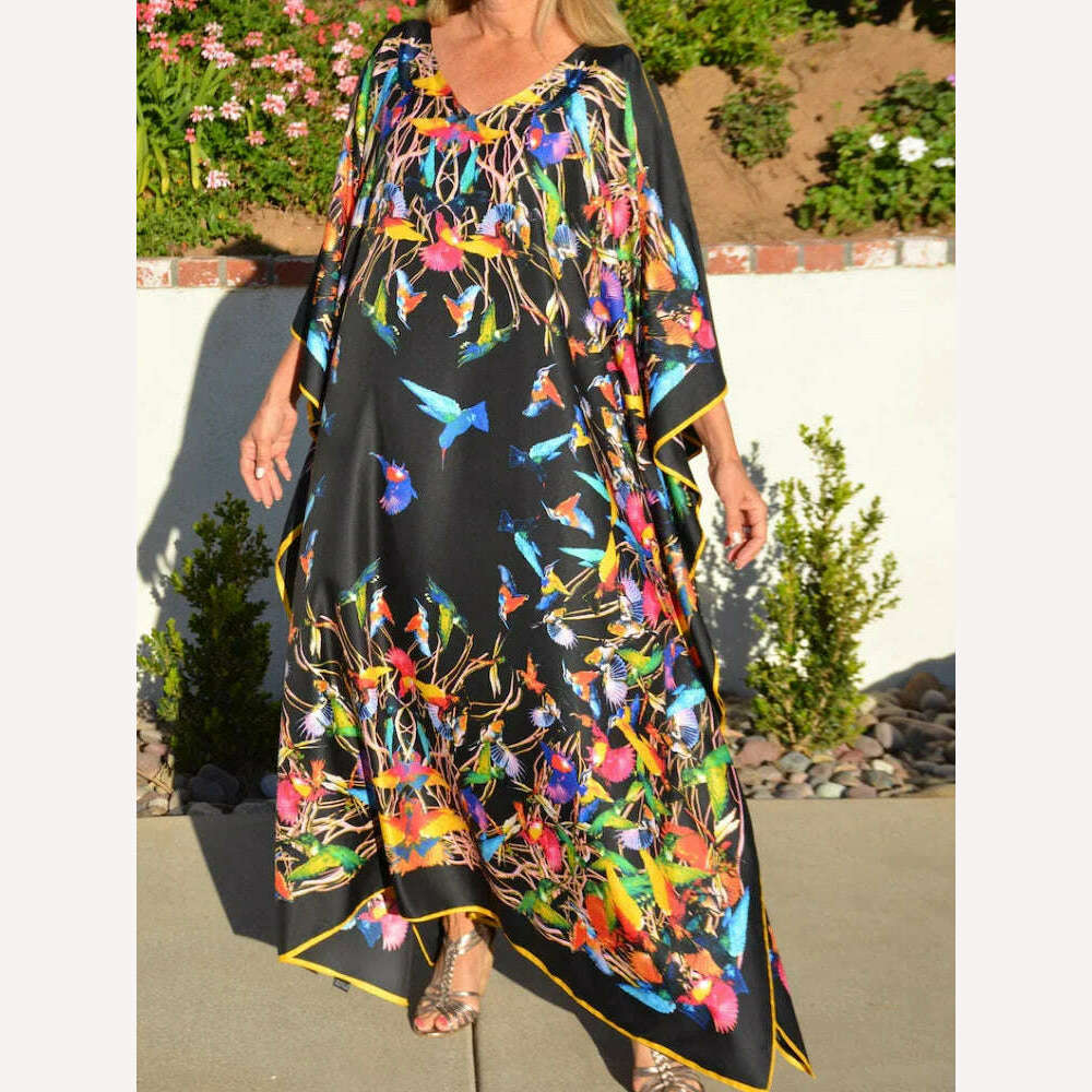 Beach Dresses Bird Bohemian Kaftans for Women 2023 New Loose Bikini Cover Ups Maxi Robe Elegant Bathing Suits - KIMLUD