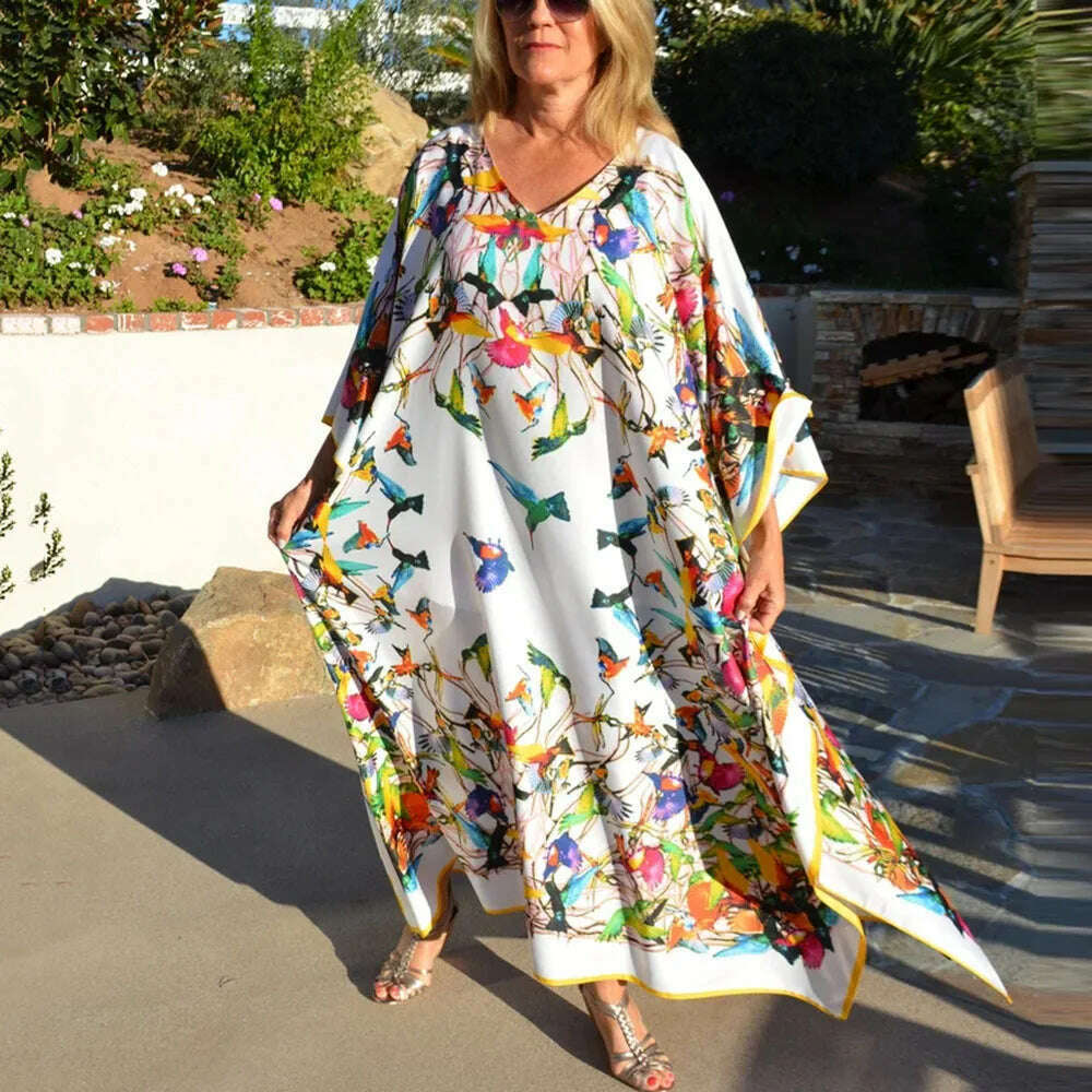 KIMLUD, Beach Dresses Bird Bohemian Kaftans for Women 2023 New Loose Bikini Cover Ups Maxi Robe Elegant Bathing Suits, white printed kaftan / One Size, KIMLUD Womens Clothes