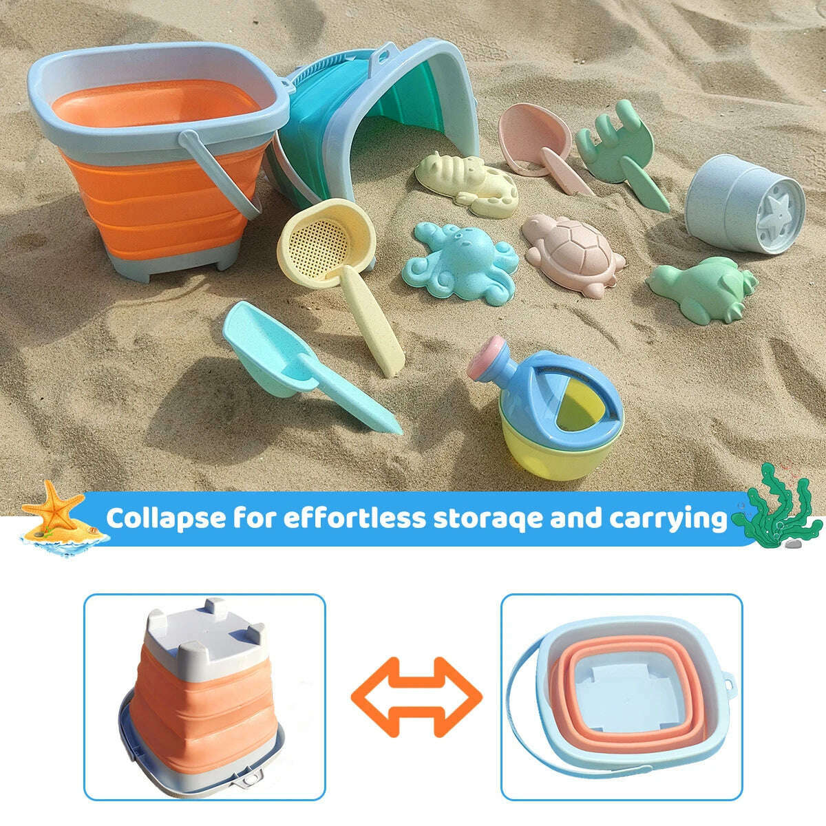 KIMLUD, Beach Toys for Kids Sand Toys Set for Toddlers Sandbox Toys with Collapsible Bucket Shovel Rake Set Sand Molds Summer Outdoor, KIMLUD Womens Clothes