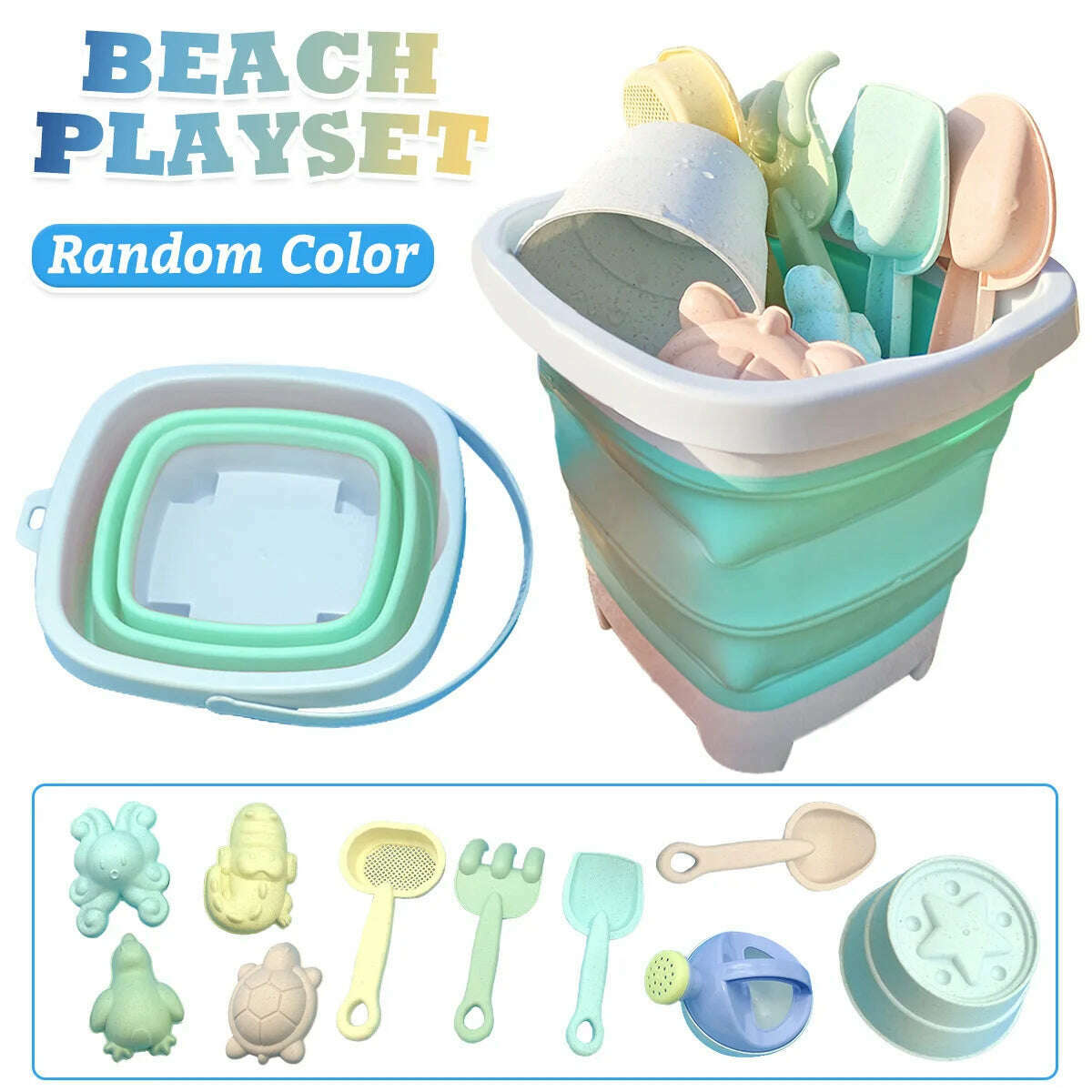 KIMLUD, Beach Toys for Kids Sand Toys Set for Toddlers Sandbox Toys with Collapsible Bucket Shovel Rake Set Sand Molds Summer Outdoor, Green, KIMLUD Womens Clothes