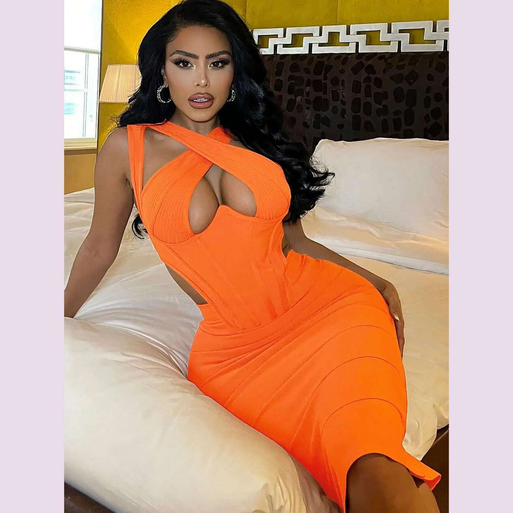 BEAUKEY Sexy Orange Hollow Keyhole Bandage Dress 2023 For Women Black Criss Cross Cut Out Bodycon Dress Halter Party Vestidos - KIMLUD