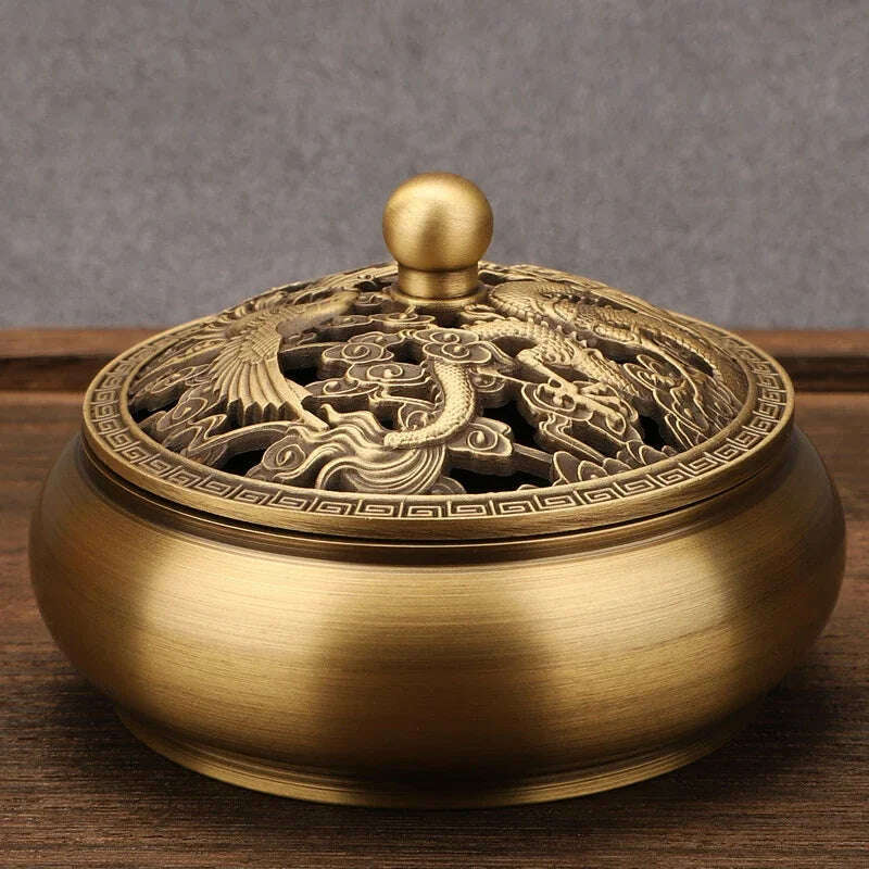 KIMLUD, Beautiful Dragon and Phoenix Carved Copper Incense Burner Brass Incense Holder with Cover Sandalwood Round Censer Home Decor, KIMLUD Womens Clothes