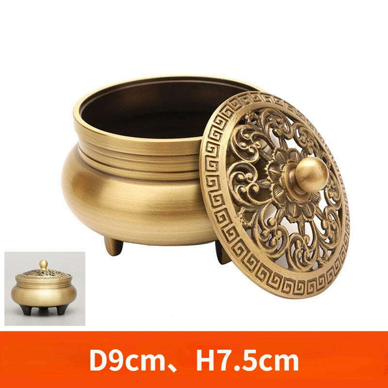 KIMLUD, Beautiful Dragon and Phoenix Carved Copper Incense Burner Brass Incense Holder with Cover Sandalwood Round Censer Home Decor, E, KIMLUD APPAREL - Womens Clothes