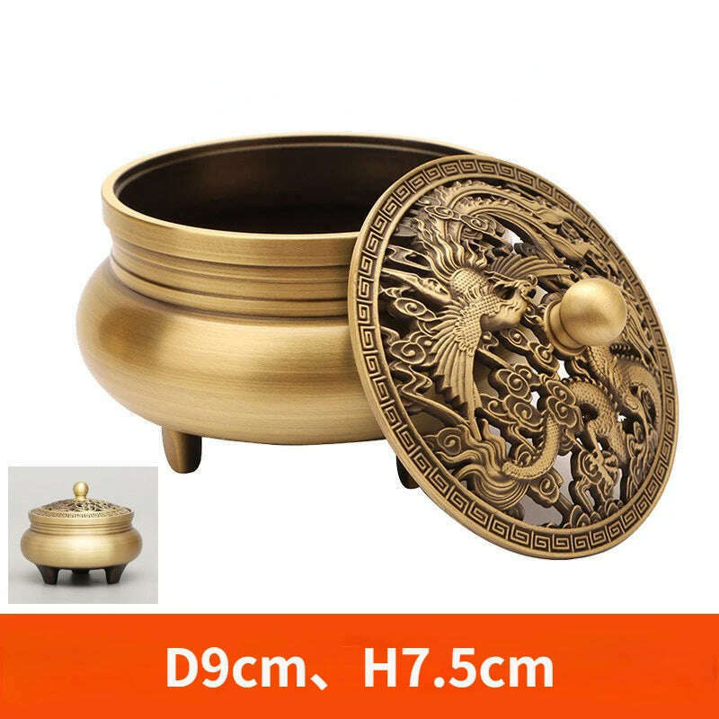 KIMLUD, Beautiful Dragon and Phoenix Carved Copper Incense Burner Brass Incense Holder with Cover Sandalwood Round Censer Home Decor, H, KIMLUD APPAREL - Womens Clothes