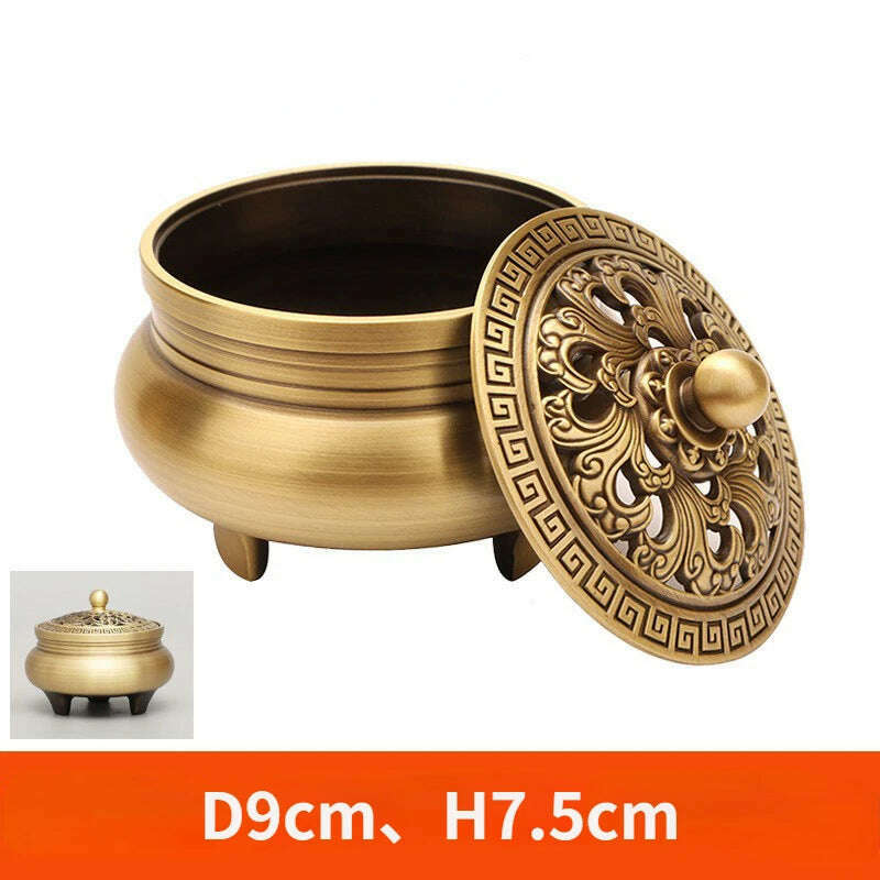 KIMLUD, Beautiful Dragon and Phoenix Carved Copper Incense Burner Brass Incense Holder with Cover Sandalwood Round Censer Home Decor, F, KIMLUD APPAREL - Womens Clothes