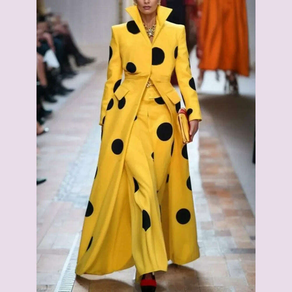 Beautyblue Polka-Dot Woolen Coat Women's Long Jacket 2025 New Split-Joint Long Sleeves Lapel Elegant Yellow Outerwears Female - KIMLUD