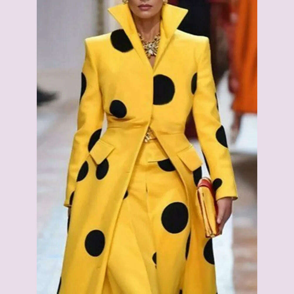 KIMLUD, Beautyblue Polka-Dot Woolen Coat Women's Long Jacket 2025 New Split-Joint Long Sleeves Lapel Elegant Yellow Outerwears Female, KIMLUD Womens Clothes