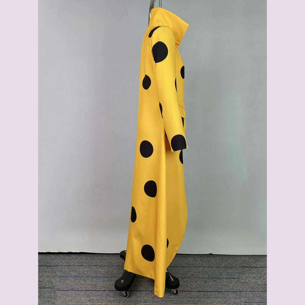 KIMLUD, Beautyblue Polka-Dot Woolen Coat Women's Long Jacket 2025 New Split-Joint Long Sleeves Lapel Elegant Yellow Outerwears Female, KIMLUD Womens Clothes