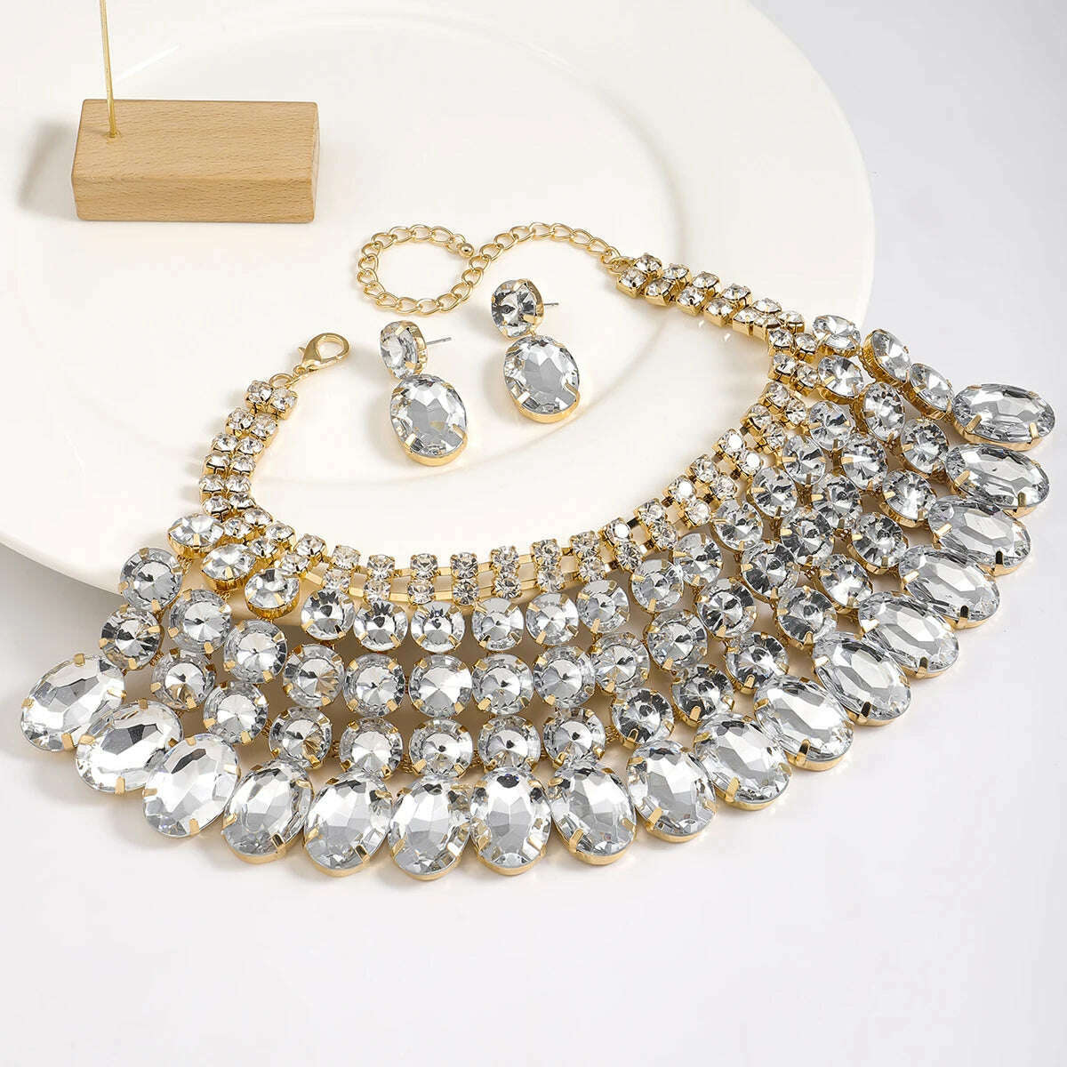 Best Lady 3 Pc Luxurious Exaggerated Style Full of Rhinestone Necklace Earrings Set For Birthday Parties Multiple Color Options - KIMLUD