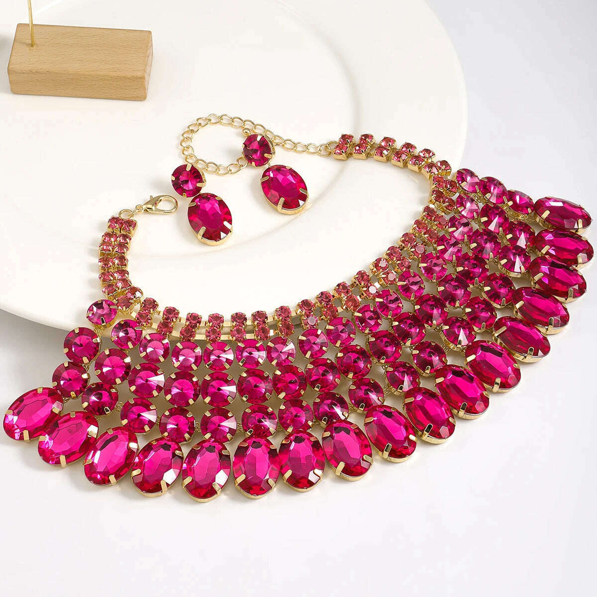 Best Lady 3 Pc Luxurious Exaggerated Style Full of Rhinestone Necklace Earrings Set For Birthday Parties Multiple Color Options - KIMLUD