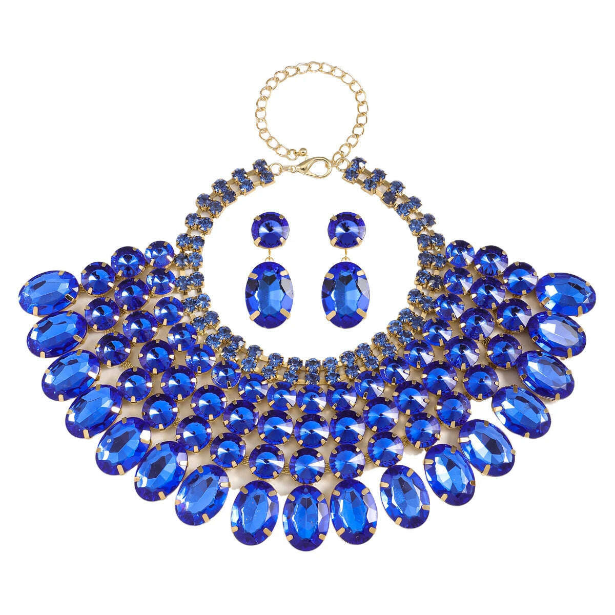 KIMLUD, Best Lady 3 Pc Luxurious Exaggerated Style Full of Rhinestone Necklace Earrings Set For Birthday Parties Multiple Color Options, Blue, KIMLUD APPAREL - Womens Clothes