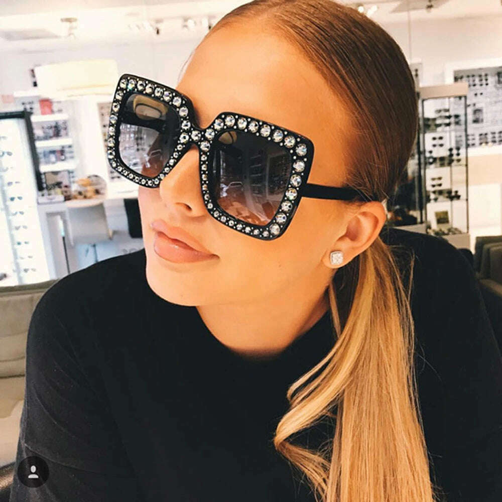 KIMLUD, Big Square Luxury Rhinestone Sunglasses Women Crystal Oversize Brand Designer Sun Glasses Vintage UV400 Female Oculos De Sol, KIMLUD Womens Clothes