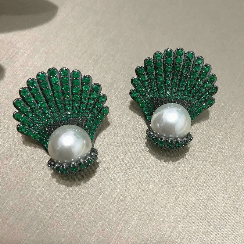 KIMLUD, Bilincolor White Pearl  Green Clam Shell Earring for Women, 1green, KIMLUD APPAREL - Womens Clothes