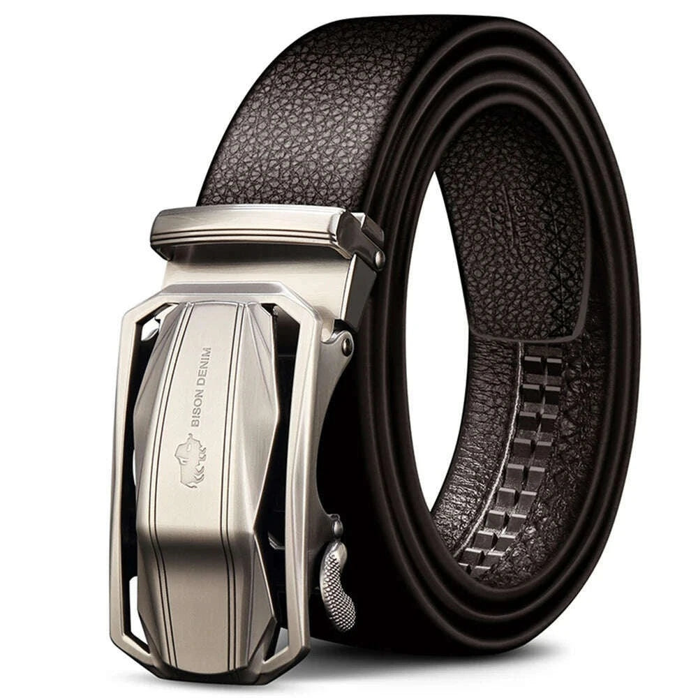 BISON DENIM Brand Men's Belt Genuine Leather Male Belts Male Automatic Buckle Casual Business Men Belt Strap 3.4 Width N71283 - KIMLUD