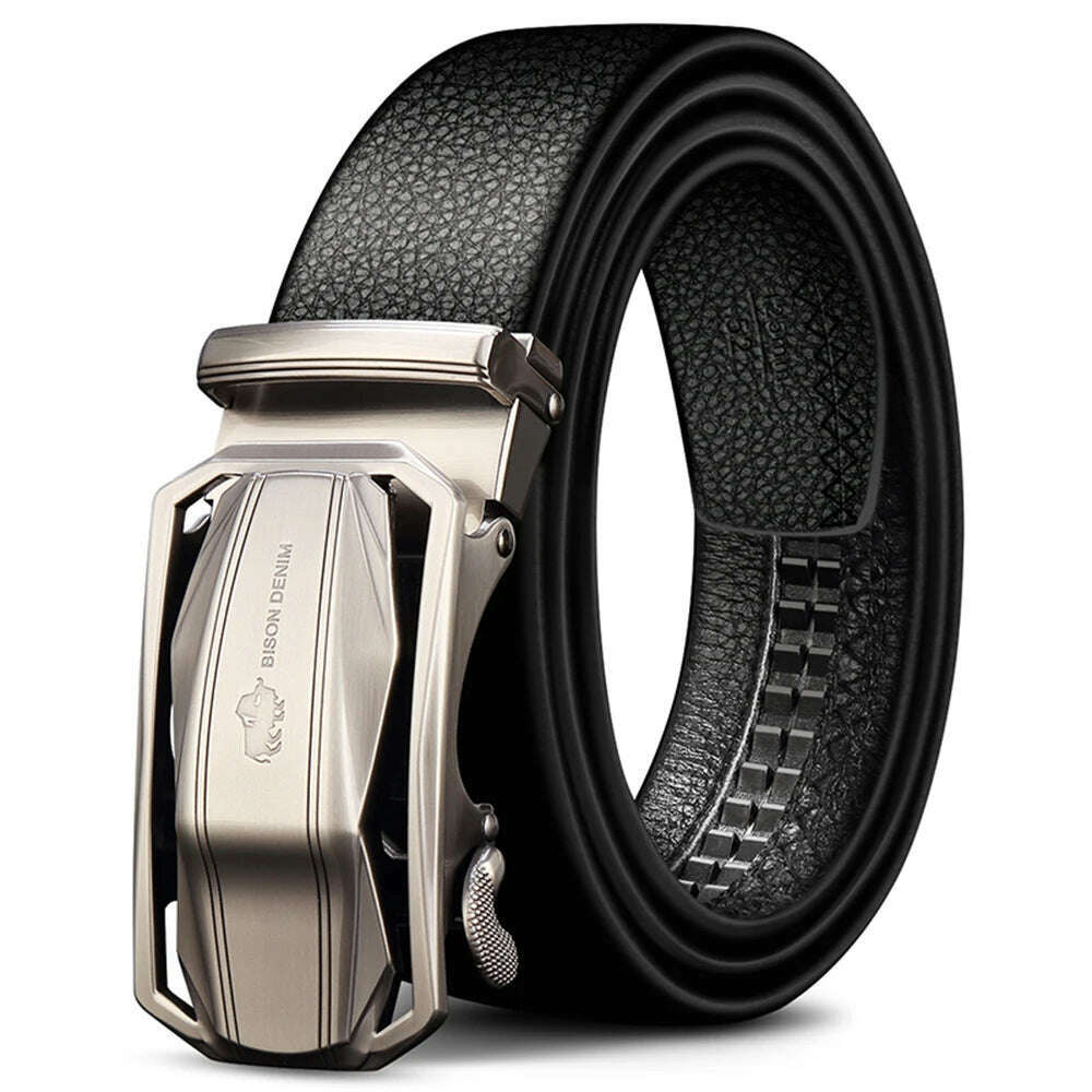 KIMLUD, BISON DENIM Brand Men's Belt Genuine Leather Male Belts Male Automatic Buckle Casual  Business Men Belt Strap 3.4 Width N71283, Black Belt / 120cm, KIMLUD Womens Clothes