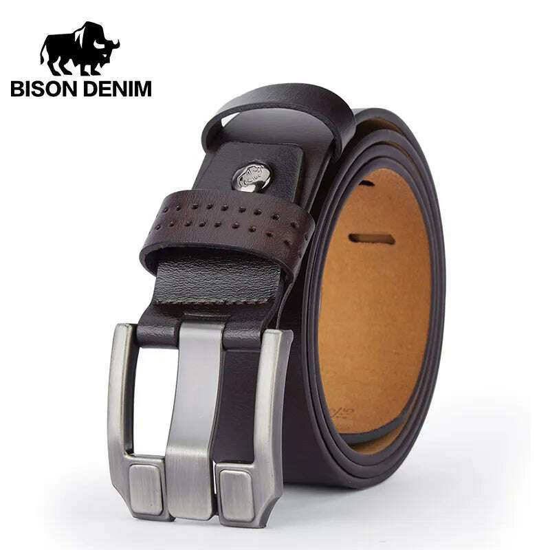 KIMLUD, BISONDENIM Men Belt Male High Quality Leather Belt Men Male Genuine Leather Strap Luxury Pin Buckle Fancy Vintage Jeans N71018, KIMLUD Womens Clothes