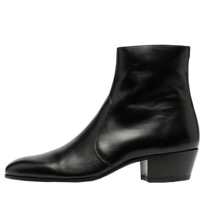 KIMLUD, Black Genuine Leather Mens Chelsea Boots High top High Heel Motorcycle Boots Western Shoes Big Size 46 Hombre, KIMLUD Womens Clothes