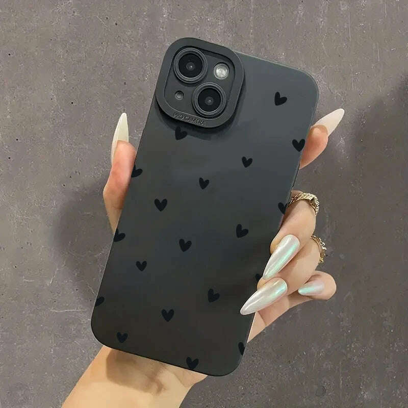 Black Love Heart Phone Case For iPhone 16 14 15 13 12 11 Pro Max X XR XS 7 8 15 16 Plus SE 2020 Shockproof Silicone Soft Cover - KIMLUD