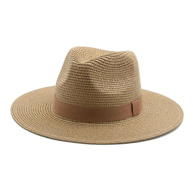 KIMLUD, Black Ribbon Panama Straw Hat Flat Eaves Outdoor Spring and Summer Sunshade Beach Hats for Women, Khaki, KIMLUD APPAREL - Womens Clothes