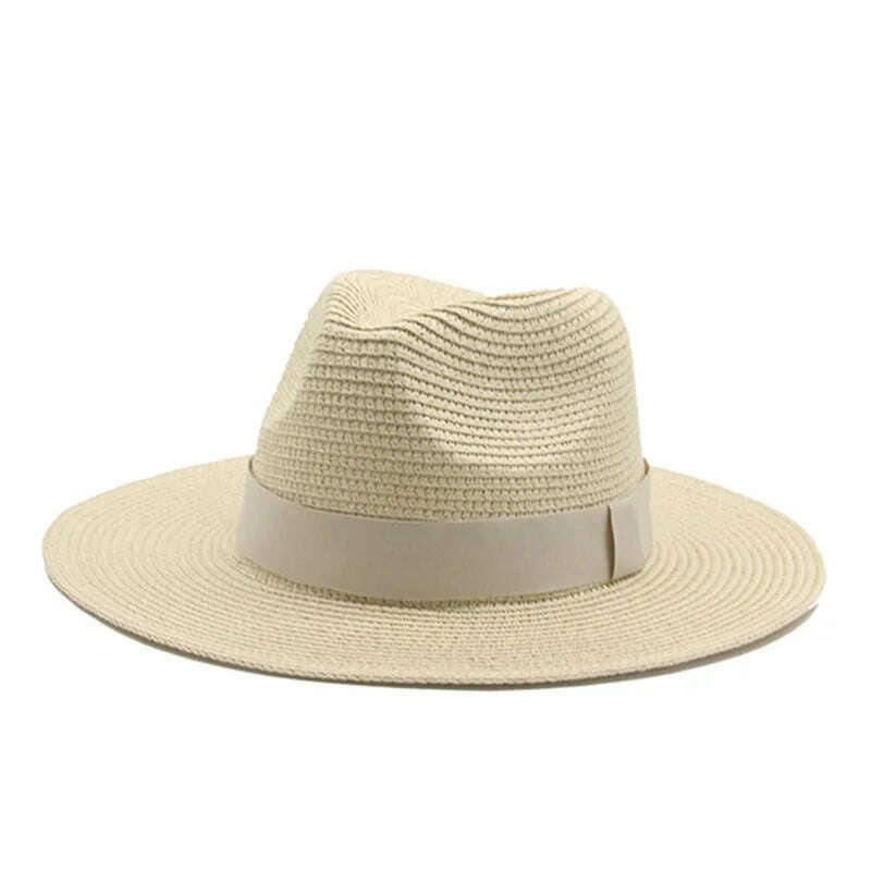 KIMLUD, Black Ribbon Panama Straw Hat Flat Eaves Outdoor Spring and Summer Sunshade Beach Hats for Women, Beige, KIMLUD APPAREL - Womens Clothes