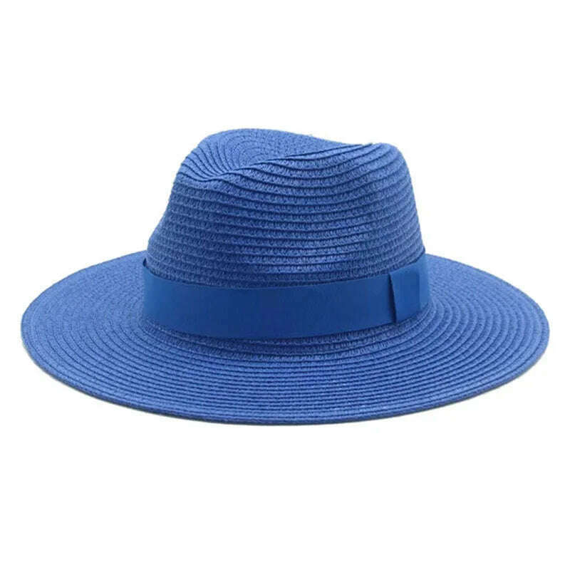 KIMLUD, Black Ribbon Panama Straw Hat Flat Eaves Outdoor Spring and Summer Sunshade Beach Hats for Women, Blue, KIMLUD APPAREL - Womens Clothes