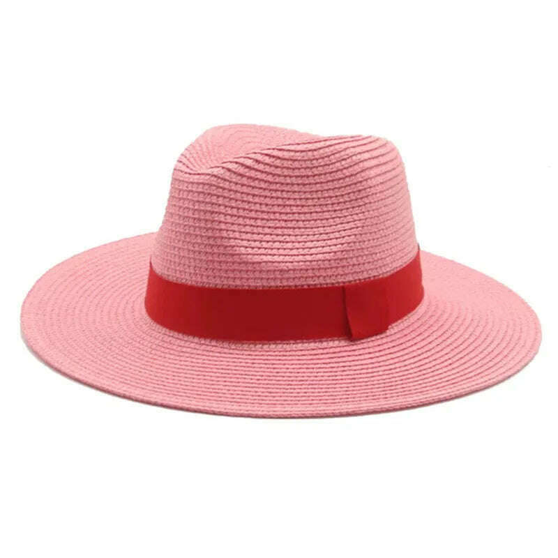 KIMLUD, Black Ribbon Panama Straw Hat Flat Eaves Outdoor Spring and Summer Sunshade Beach Hats for Women, Pink, KIMLUD APPAREL - Womens Clothes