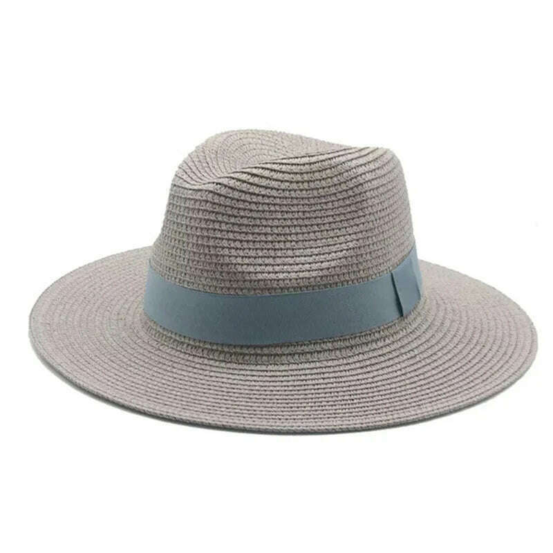 KIMLUD, Black Ribbon Panama Straw Hat Flat Eaves Outdoor Spring and Summer Sunshade Beach Hats for Women, Gray, KIMLUD APPAREL - Womens Clothes