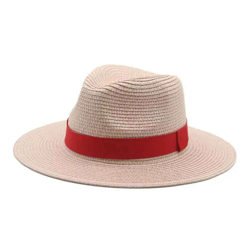 KIMLUD, Black Ribbon Panama Straw Hat Flat Eaves Outdoor Spring and Summer Sunshade Beach Hats for Women, Dirty powder, KIMLUD APPAREL - Womens Clothes