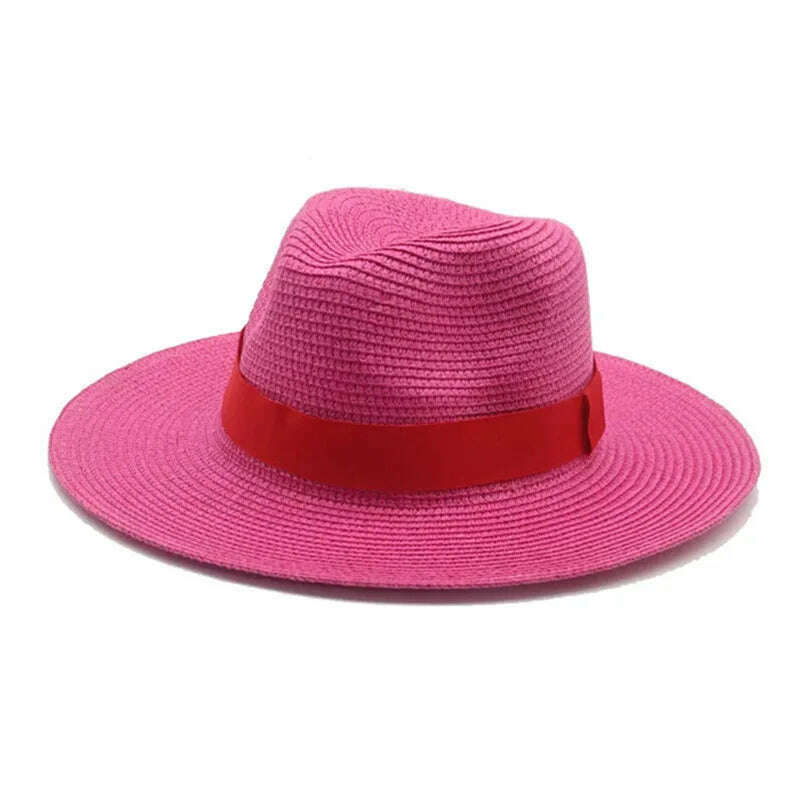 KIMLUD, Black Ribbon Panama Straw Hat Flat Eaves Outdoor Spring and Summer Sunshade Beach Hats for Women, Rose Red, KIMLUD APPAREL - Womens Clothes