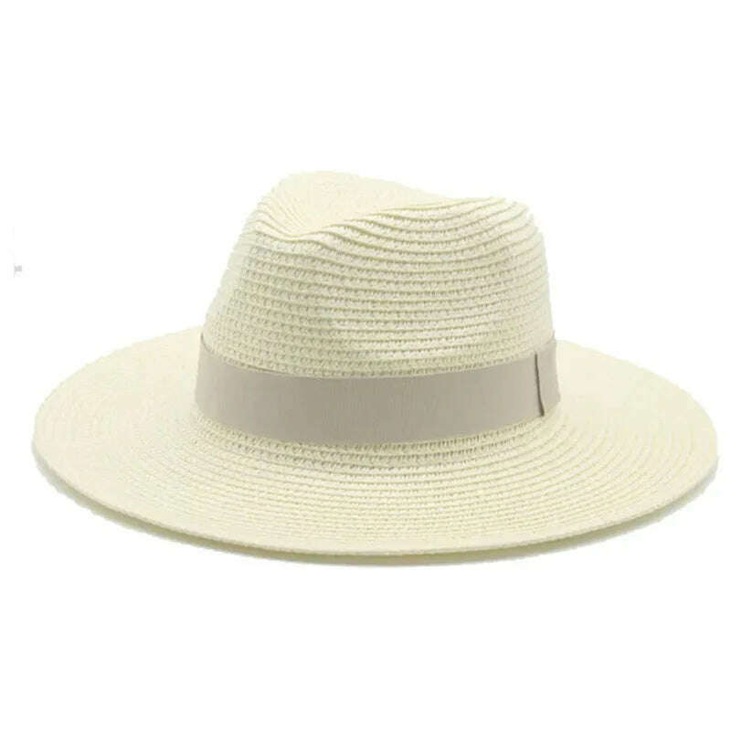 KIMLUD, Black Ribbon Panama Straw Hat Flat Eaves Outdoor Spring and Summer Sunshade Beach Hats for Women, Milky white, KIMLUD APPAREL - Womens Clothes