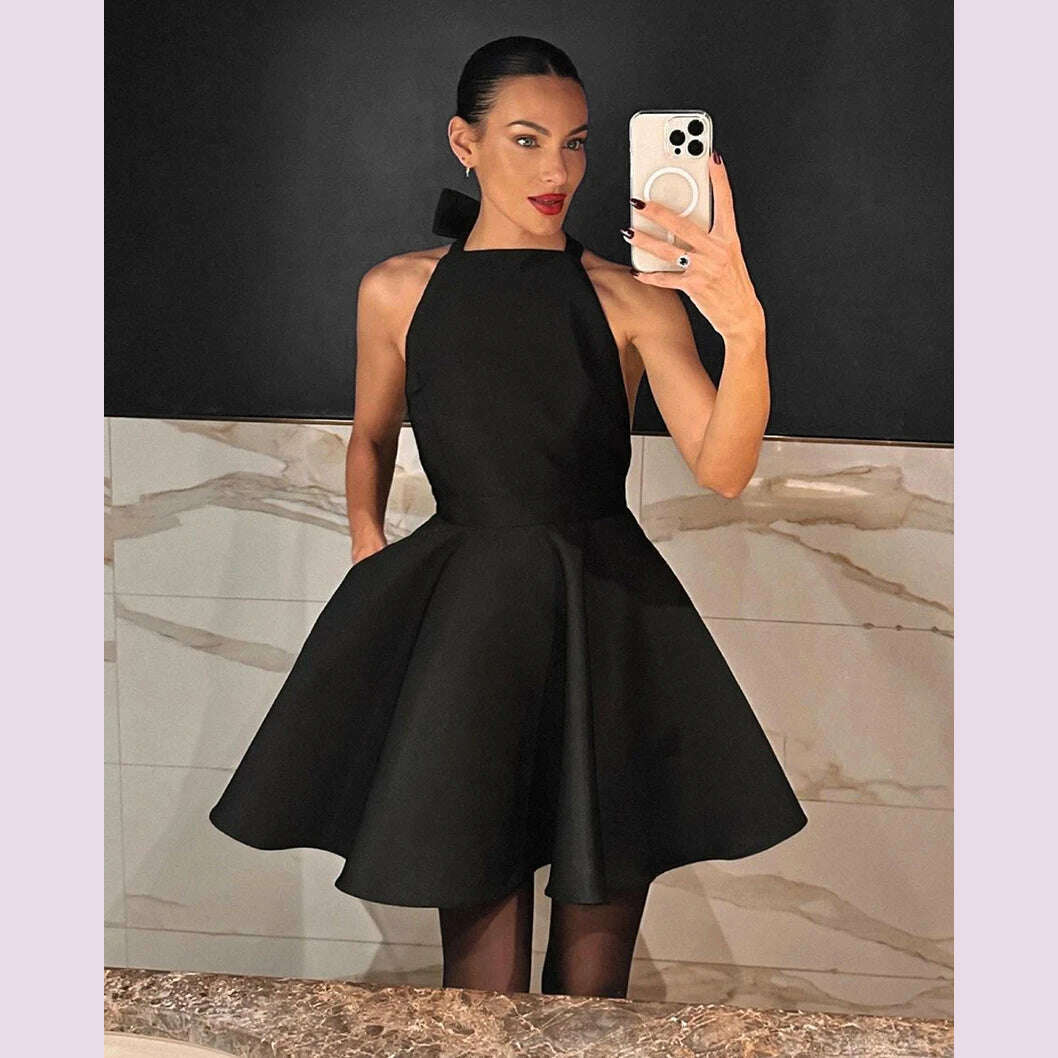 KIMLUD, Black Sexy Halter Neck Satin Dress For Women High Waisted Backless A-Line Evening Dress Summer 2024 Pockets Mini Dress Lady, KIMLUD Womens Clothes