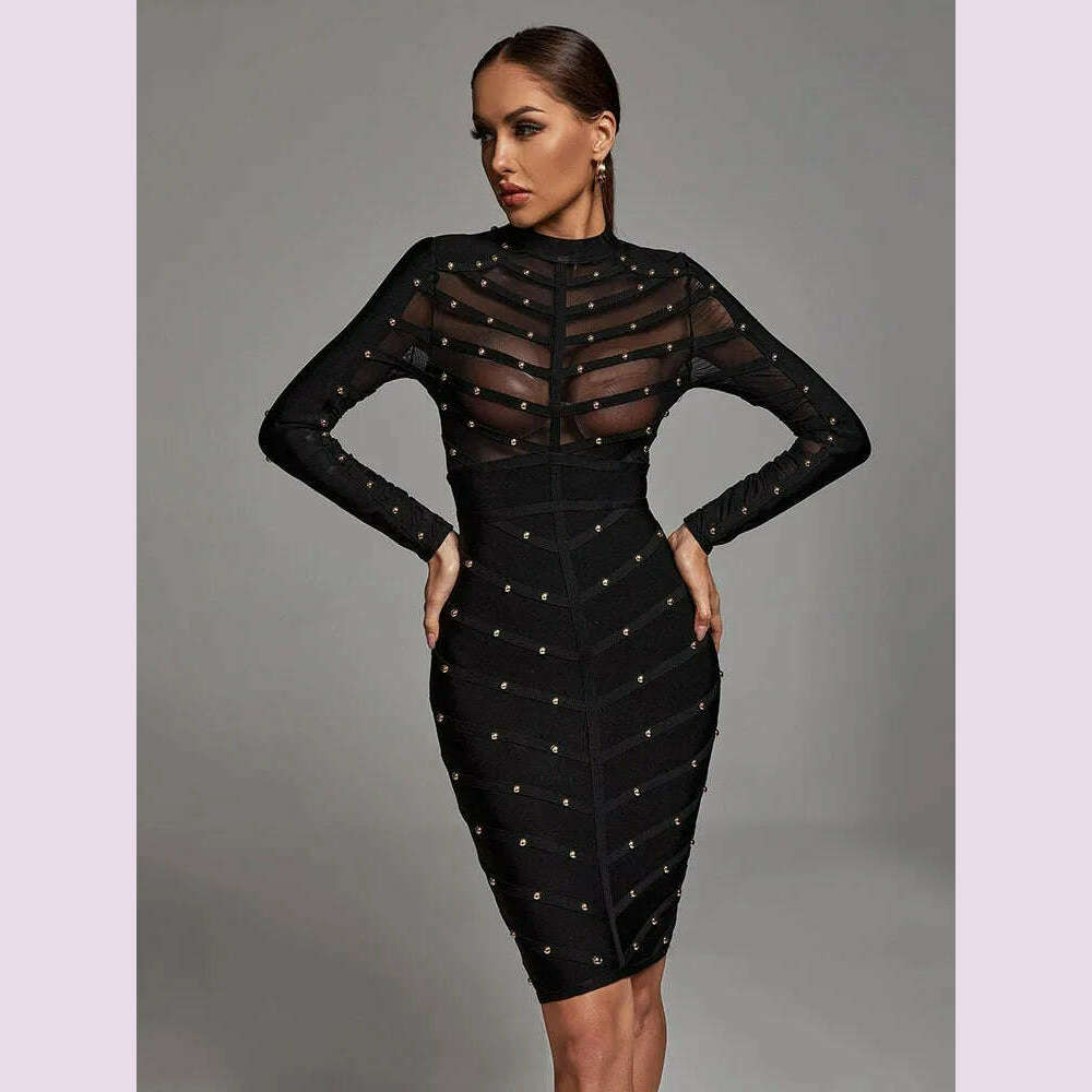 KIMLUD, Black Sexy See Through Rivet Bandage Dresses Women 2023 Mesh Long Sleeve Stripe Waist Party Dress Elegant Bodycon Outfit BA046, KIMLUD Womens Clothes