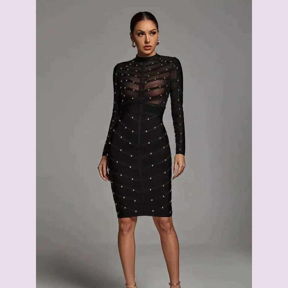 KIMLUD, Black Sexy See Through Rivet Bandage Dresses Women 2023 Mesh Long Sleeve Stripe Waist Party Dress Elegant Bodycon Outfit BA046, KIMLUD Womens Clothes