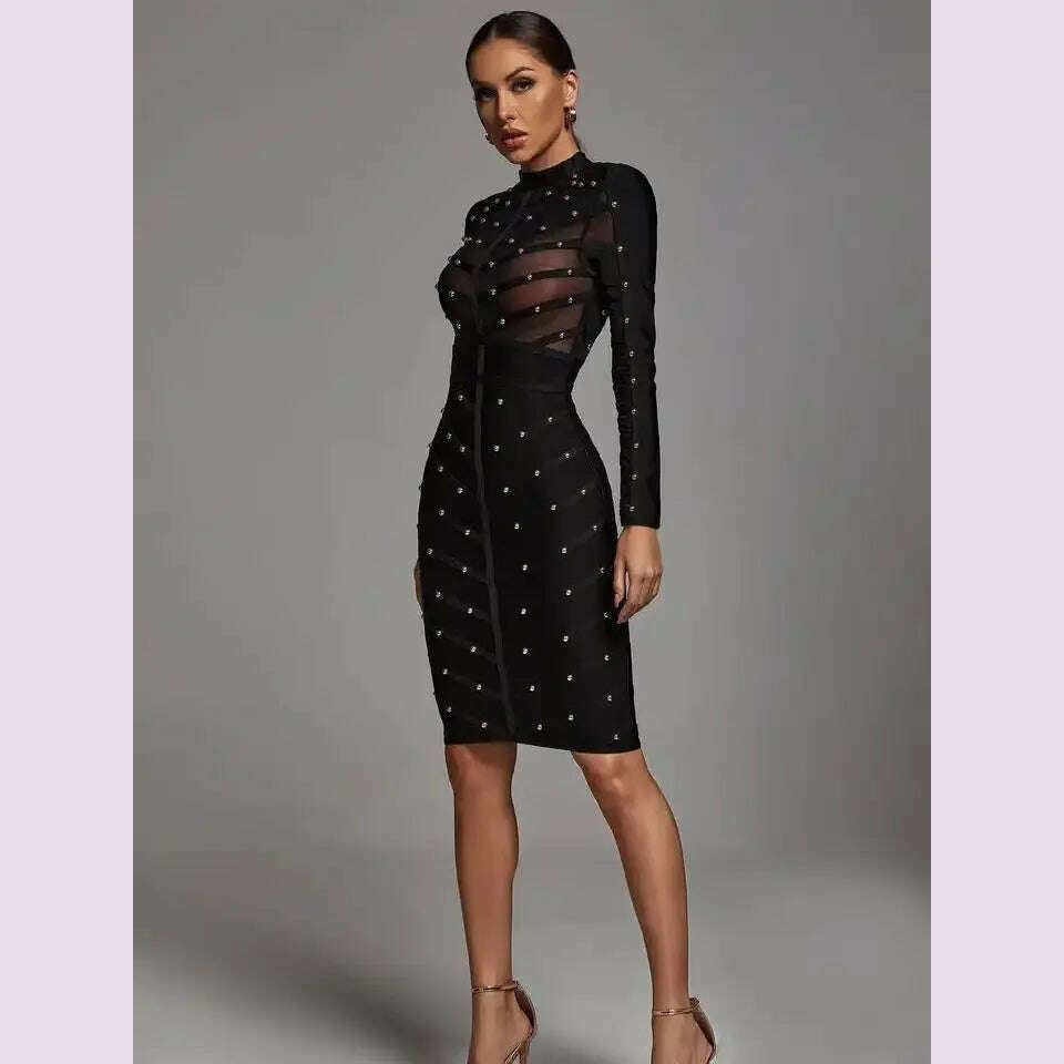 KIMLUD, Black Sexy See Through Rivet Bandage Dresses Women 2023 Mesh Long Sleeve Stripe Waist Party Dress Elegant Bodycon Outfit BA046, KIMLUD Womens Clothes