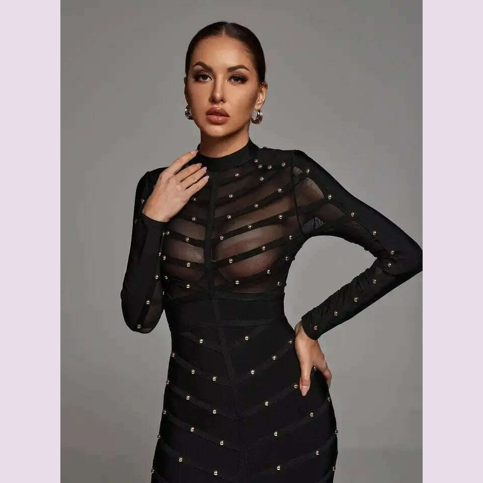 KIMLUD, Black Sexy See Through Rivet Bandage Dresses Women 2023 Mesh Long Sleeve Stripe Waist Party Dress Elegant Bodycon Outfit BA046, KIMLUD Womens Clothes